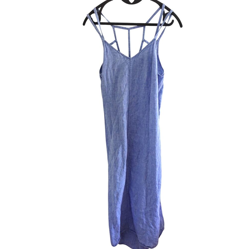 Antibes Blanc Blue Linen Strappy Back Sleeveless Dress M Beach Coastal Resort